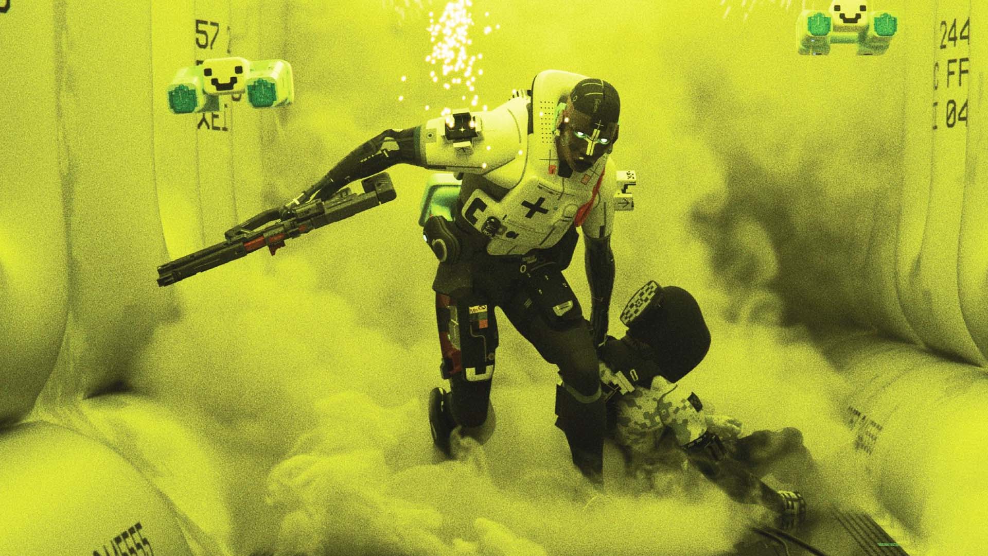 Marathon characters appear in yellow smoke.